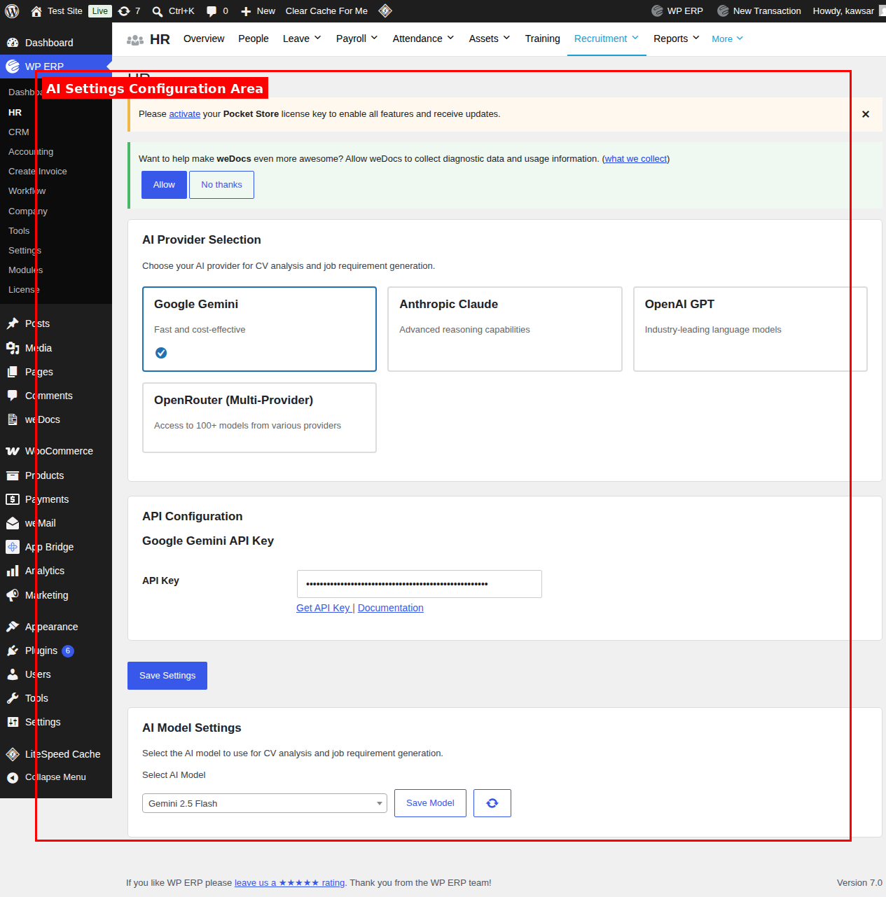 Navigating to WP ERP AI Settings