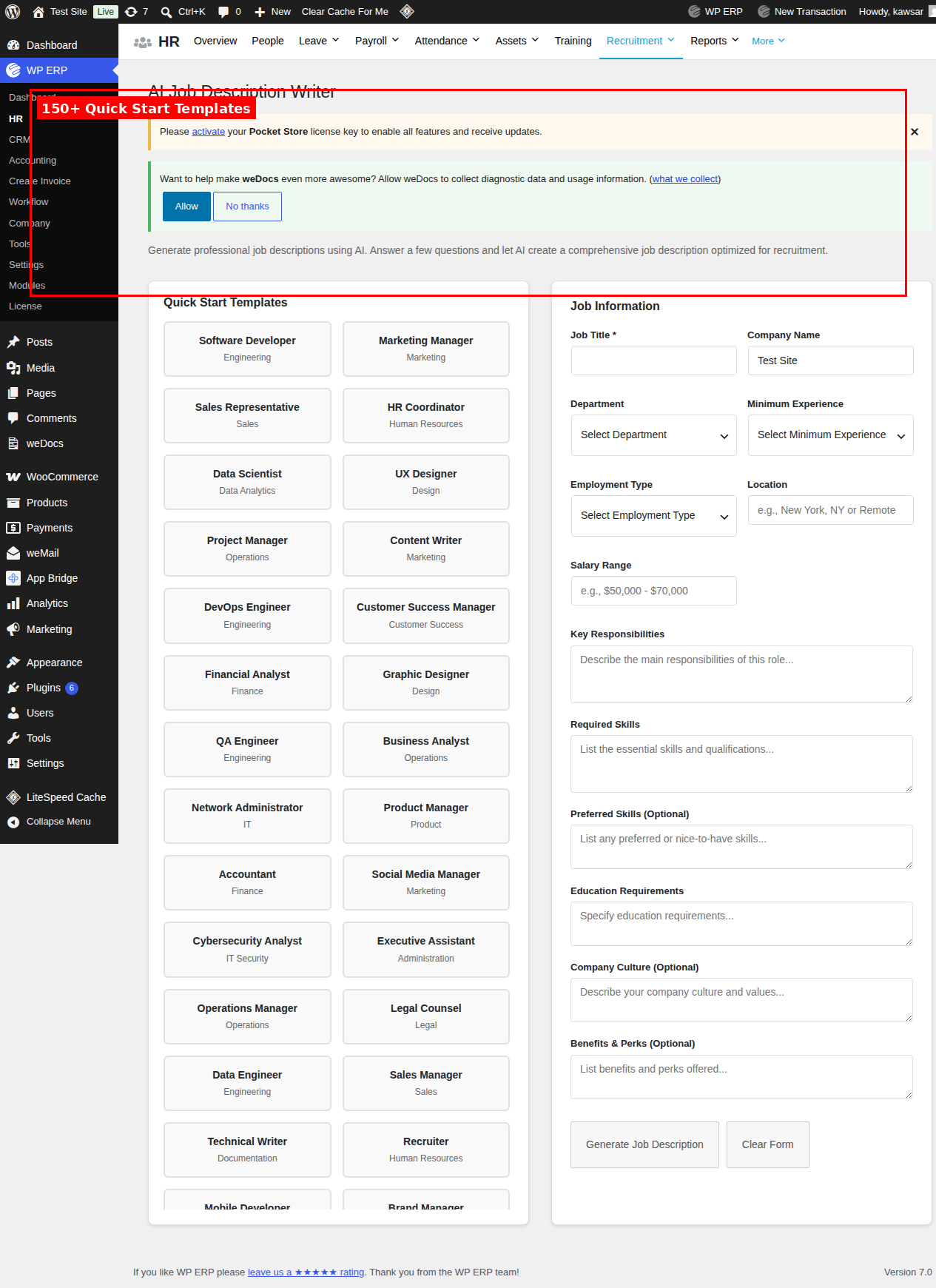 Add New Vacancy screen with the Generate With AI button