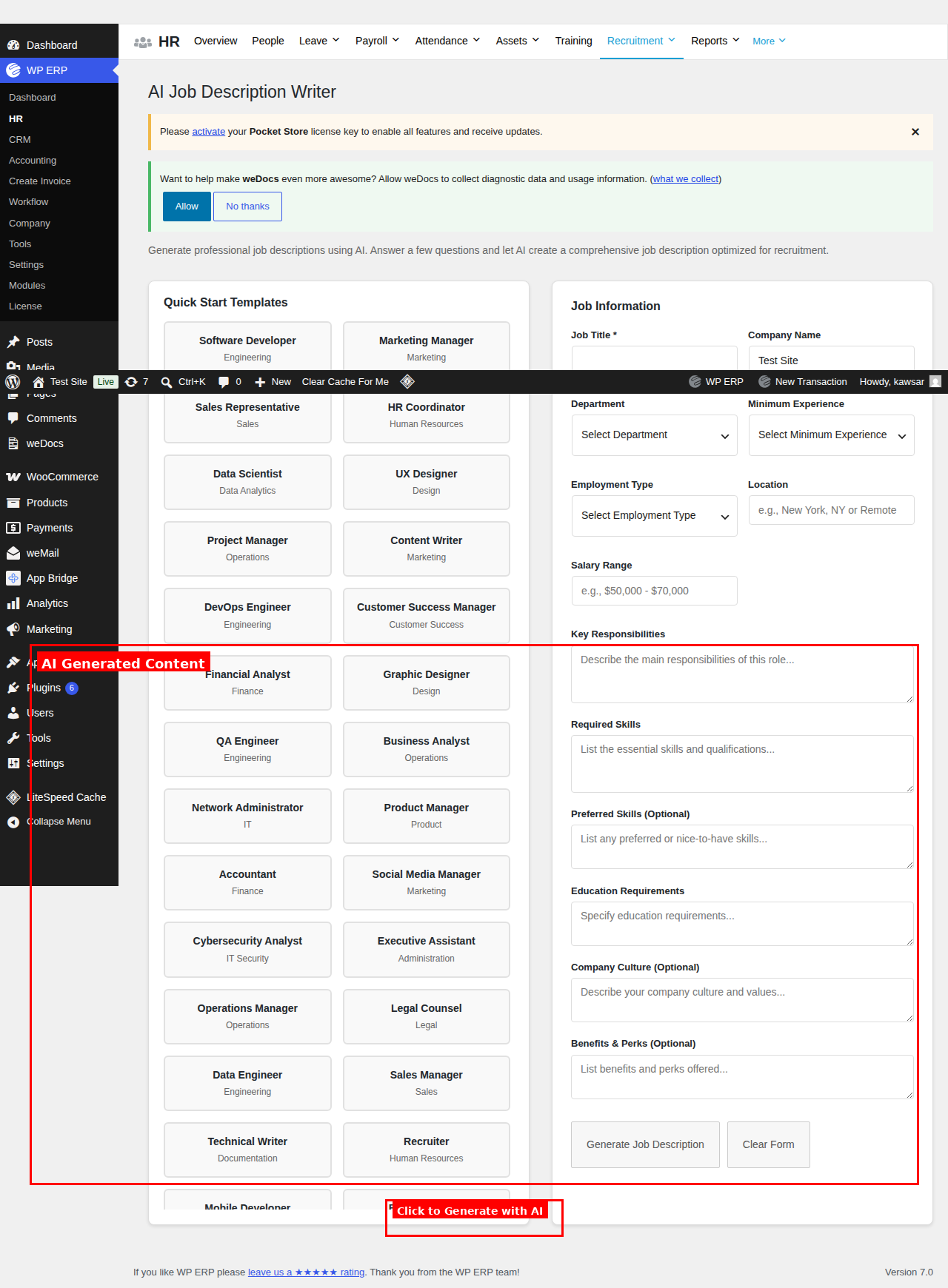 AI Job Description Writer form with template library and fields
