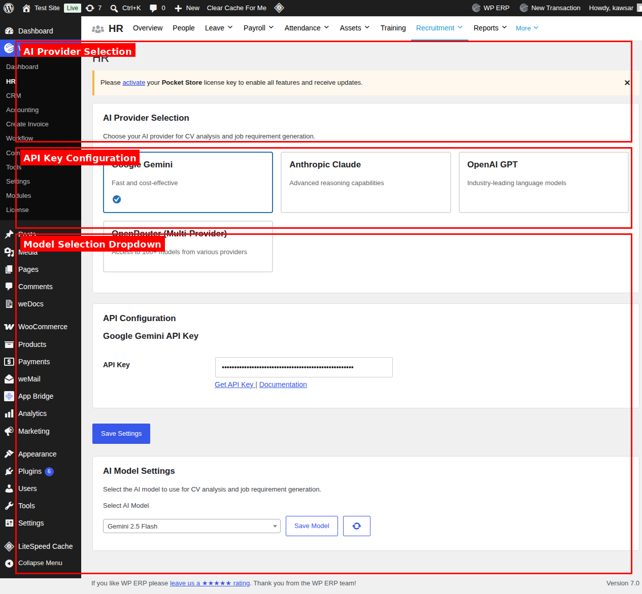AI Model dropdown with Save and Refresh buttons